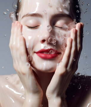 Young woman washing her face with cleanser. AI generated image.