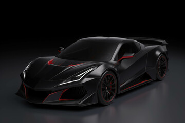 Fototapeta premium A glossy black electric racing car with red accents sharp angles and a futuristic design. Speed drive concept. AI generation. Generative AI