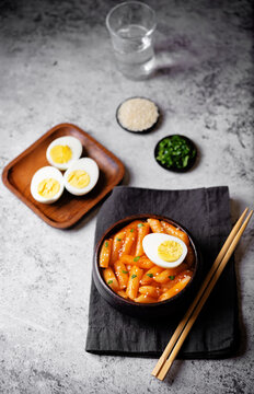 Tteokbokki. Traditional korean rice sticks in hot spicy sauce