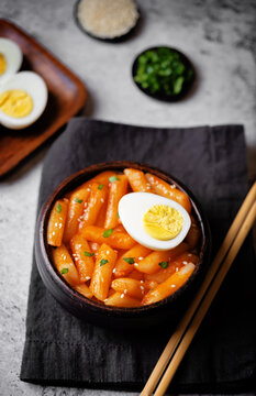 Tteokbokki. Traditional korean rice sticks in hot spicy sauce