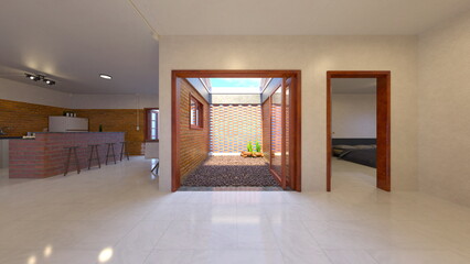 レンガの壁のリビングダイニング