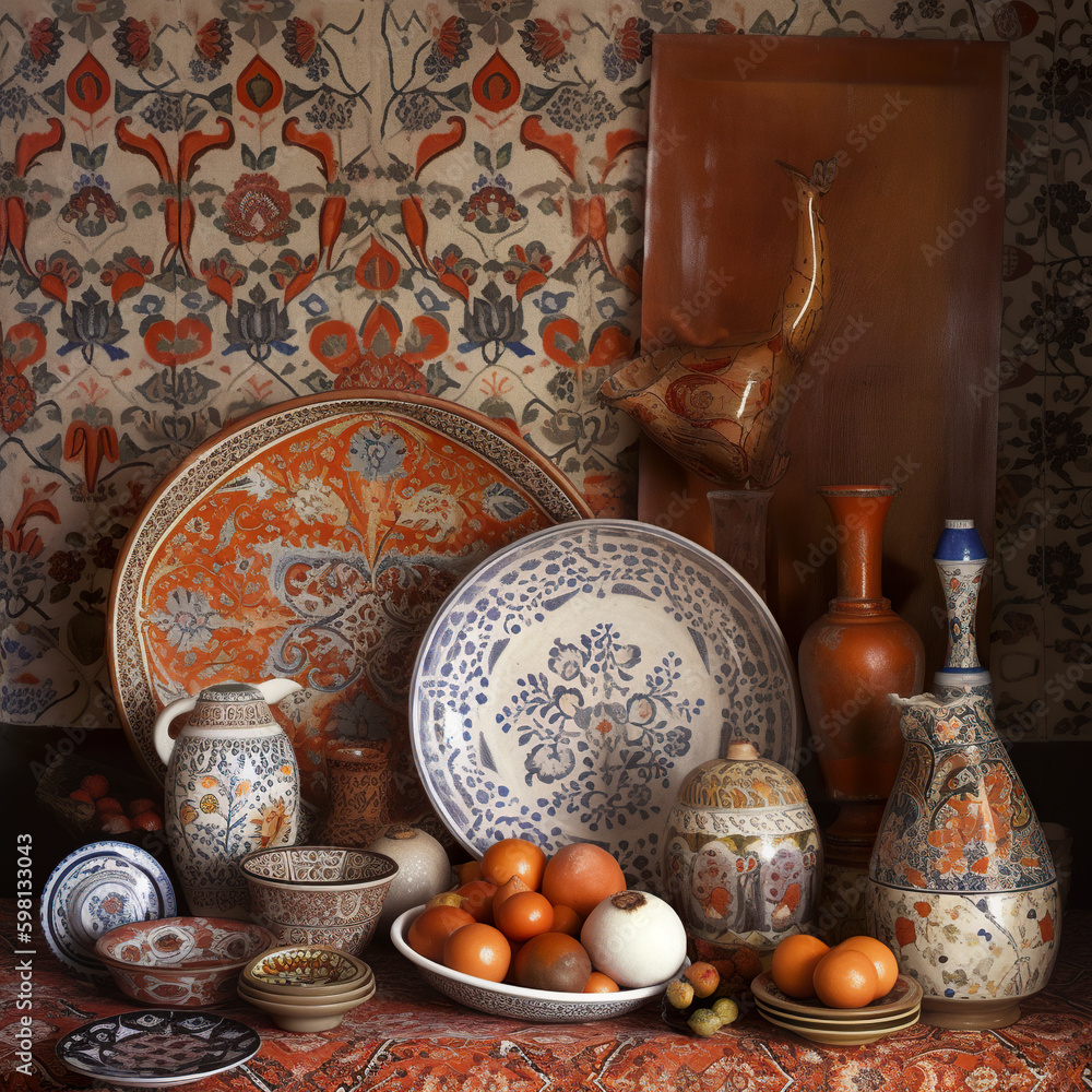 Poster a table topped with plates and bowls filled with oranges. ai generative image