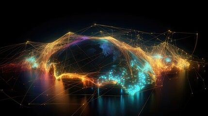 Metaverse world, neon data visualization, virtual screen for data display, virtual world application, global telecommunication, Communication technology for internet business Global world network and