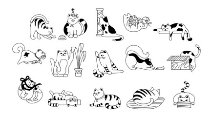 Cats black and white set. Collection of stickers for social networks. Pets with plant, scratching post and ball, playful animals. Cartoon flat vector illustrations isolated on white background
