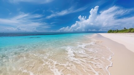Beautiful sandy beach with white sand and rolling calm wave, AI