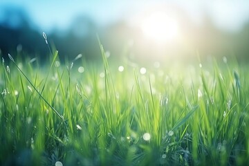 Doo on fresh green grass and blue sky abstract background, close up on grass lawn, earth day, AI