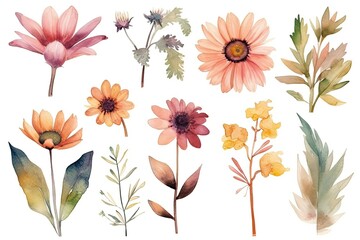 Watercolor colorful flower set, set of hand drawn flowers, watercolor plant paintings, bright and colorful flowers, AI