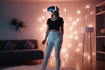 VR gamer in a living room, metaverse gaming at home, gamer girl, AI