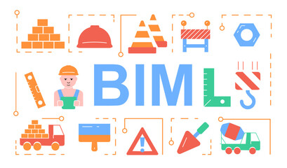 Construction and architecture. BIM and engineering. Worker and builder in uniform and hard hat, brick, construction level, shovel and truck, crane and concrete mixer. Cartoon flat vector illustration