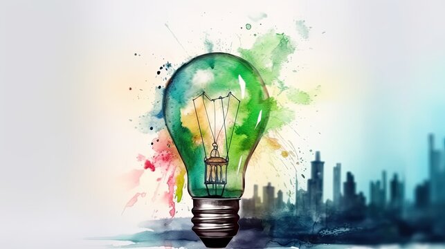 Watercolor of light bulb with green eco city, earth day concept promoting renewable energy with green energy, energy conservation, AI