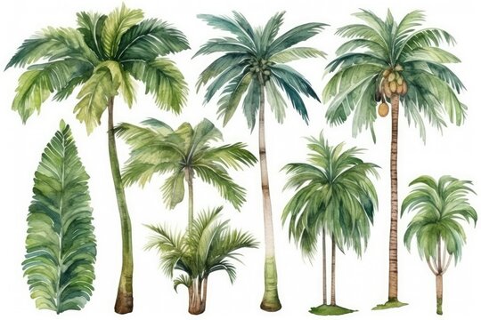 Watercolor tropical tree set, set of hand drawn trees, watercolor palm tree paintings, palm trees, AI