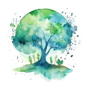 Earth day tree of life, watercolor art for earthday. wallpaper background image of a tree and the globe, AI