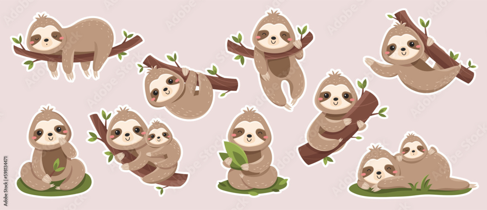 Poster cute sloth stickers set. collection of graphic elements for website. charming lazy animal on branch.