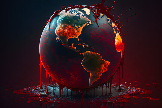 Planet Earth bleeding splash spray pool of blood splatter wounds, the concept of world wars, conflicts humanity, environmental problems. Generative AI