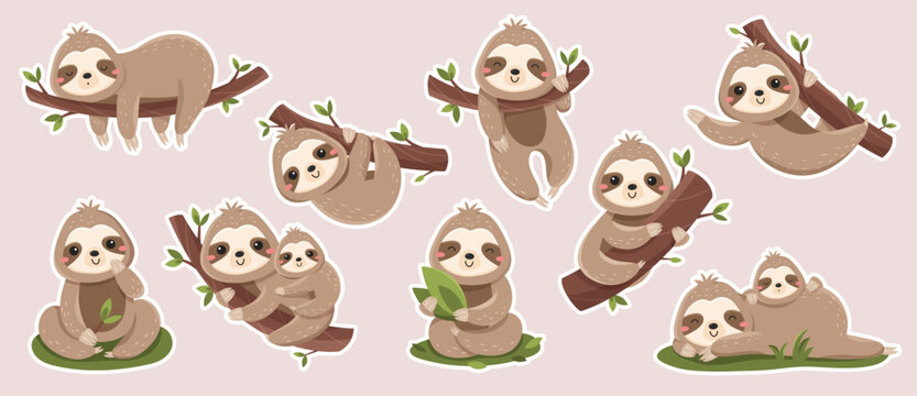 Cute sloth stickers set. Collection of graphic elements for website. Charming lazy animal on branch. Forest tropical mammal with tree. Cartoon flat vector illustrations isolated on white background