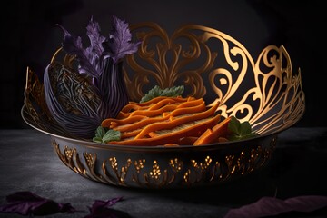 photographie culinaire ultra nette, un plat filigrane avec des frites de patates douces et des aubergines fourrées. Ai générative 