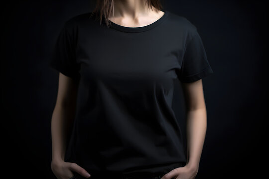 Front  View Of Young Woman In Stylish T-shirt On Black Background. Mockup For Design