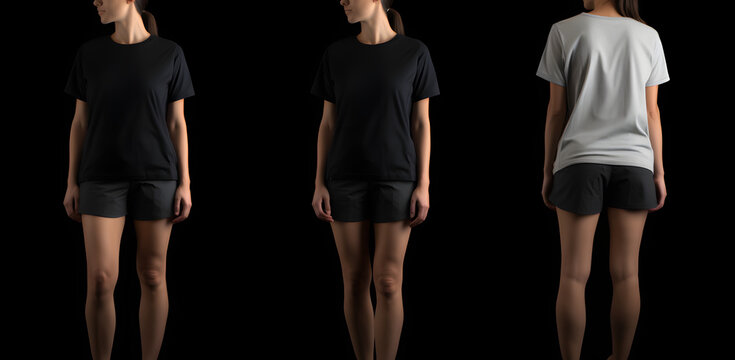 Portrait Of A Woman In Black T Shirt Multiple Angles Mock Up Design 