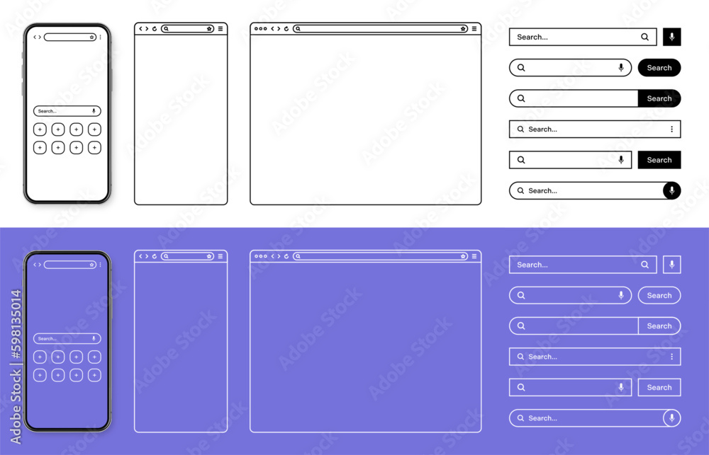 Poster smartphone, web browser, internet page window with toolbar and search bar, field. modern website in 