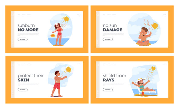 Kids Skin Protection Landing Page Template Set. Children's Sunburn Cause Redness, Pain, And Blisters due to Overexposure Generative AI
