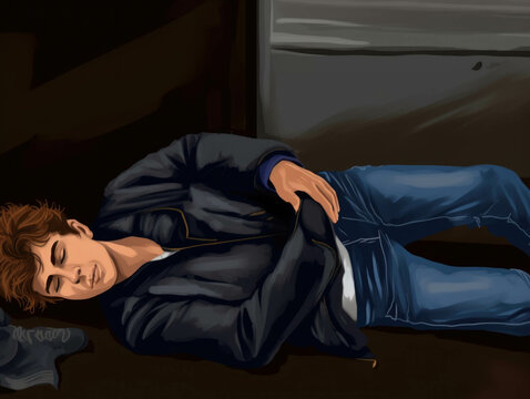 man sleeping huddled in a corner of an alleyway his jeans and jacket torn and dirty.. AI generation. Generative AI