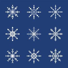 Fototapeta na wymiar Set of curly snowflakes on a blue background. Snowflakes for winter design. Vector.