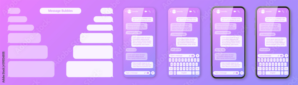 Wall mural realistic smartphone with messaging app on colorful violet background. blank sms text frame. chat sc