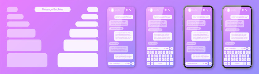 Fototapeta premium Realistic smartphone with messaging app on colorful violet background. Blank SMS text frame. Chat screen with transparent message bubbles. Social media application. Vector illustration Generative AI