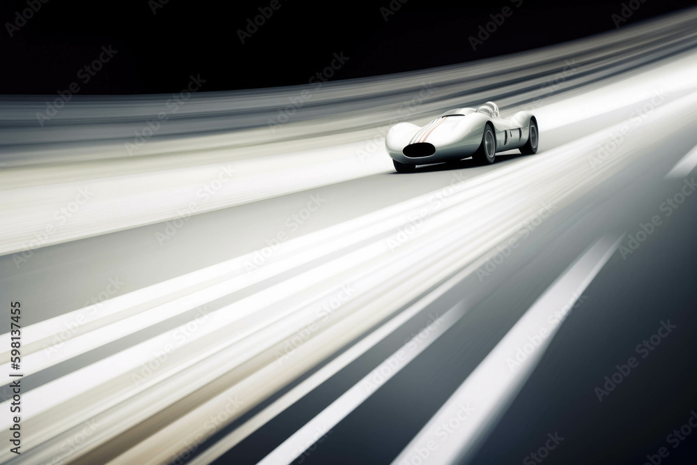 Poster a sleek white speedster passing its competition on a tight curve its driver focused intently on the 
