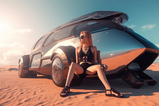 Young woman sitting by futuristic car in desert, girl model near luxury minibus, generative AI