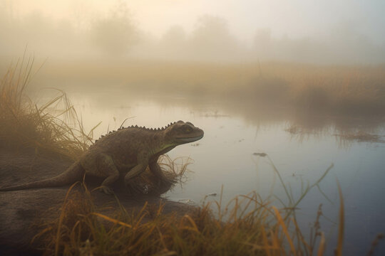 A shy water dinosaur meandering through the foggy marshes that it calls home.. AI generation. Generative AI