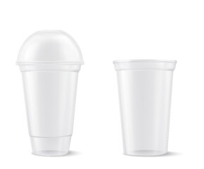 Plastic transparent cup with lid isolated on white. Vector illustration