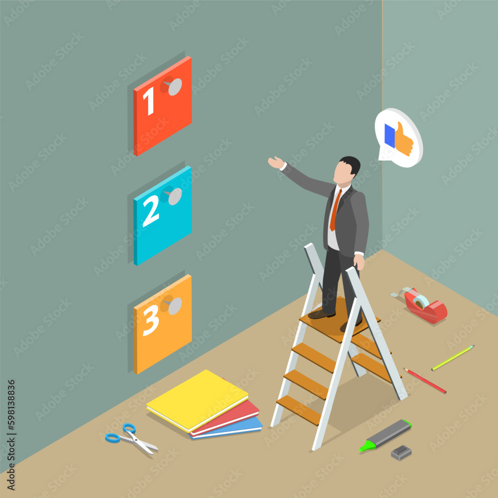 Poster 3d isometric flat vector conceptual illustration of task management, creating a prioritized work to-