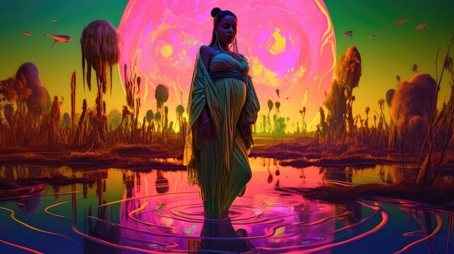 Pregnant women standing in metaverse world, neon world, 3d Abstract world, vivid landscape, virtual reality world, music video background, 3D world, illusion, virtual world,  futuristic world