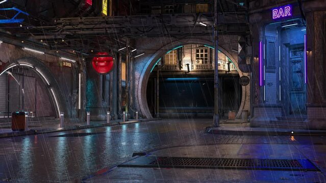 Dark seedy cyberpunk city street at night in the rain. Animated 3D render.