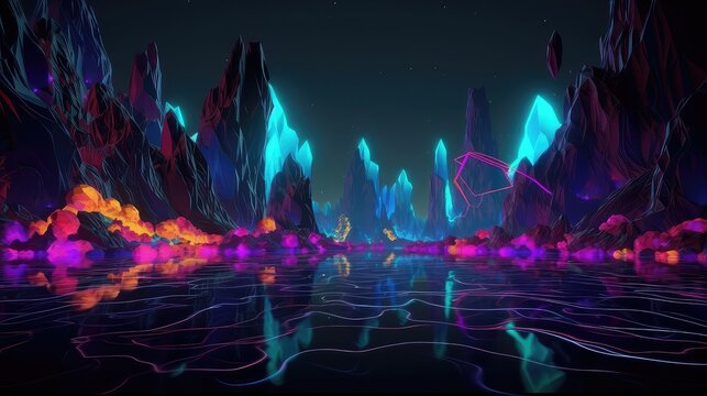 Fantasy world, neon magic lake, neon vj loop, dj loop, music video backgrounds, neon water, full moon, stage shows background, dance music background, unreal engine, metaverse world, fantasy world