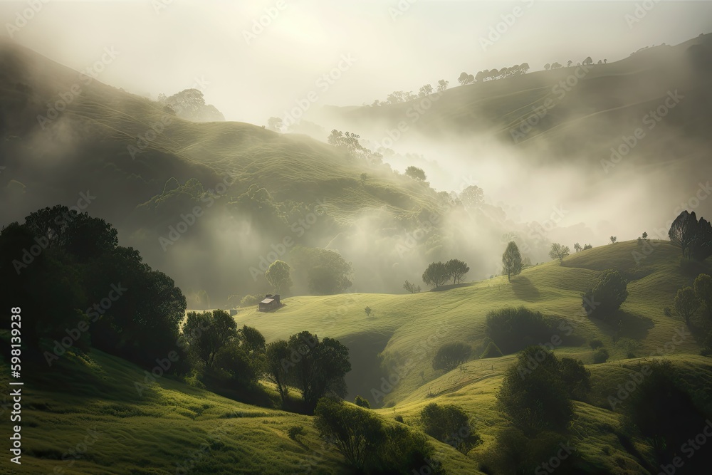 Canvas Prints The rolling hills were draped in a mystical mist, hinting at the magic that lay just beyond. Generative AI