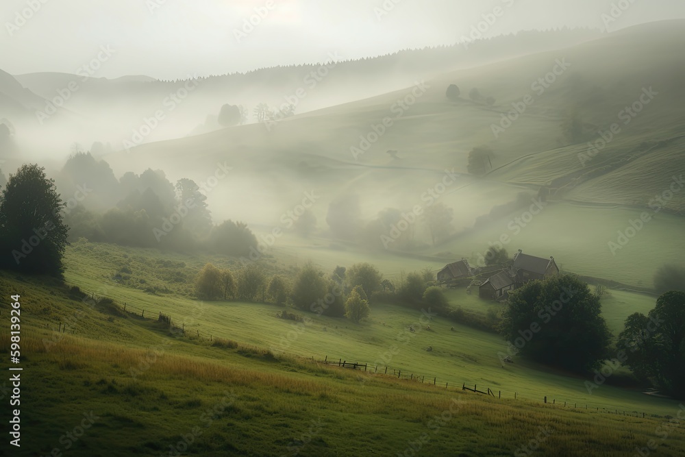 Sticker The rolling hills were draped in a mystical mist, hinting at the magic that lay just beyond. Generative AI