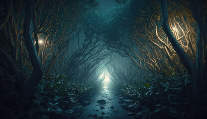 Scary forest at night, trees and mystic pathway in dark fairytale wood, generative AI.