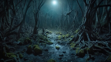 Spooky dark fantasy forest, scary dry crooked trees in fairy tale haunted wood on Halloween night