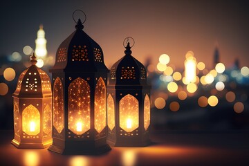Ornamental Arabic lantern with crescent moon - Ramadan Kareem