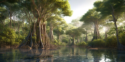 Mangrove forest in summer, panorama of river in wild jungle, generative AI.