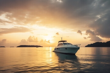 Fototapeta na wymiar Luxury motor yacht in sea at sunset, expensive boat near ocean coast, generative AI.