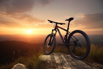 Bicycle on mountain top at sunset, landscape with sports bike, generative AI.