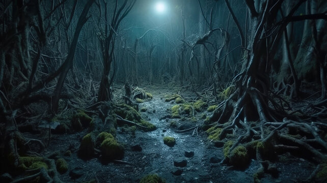 Spooky dark forest, scary dry crooked trees in dark fairy tale wood, generative AI.