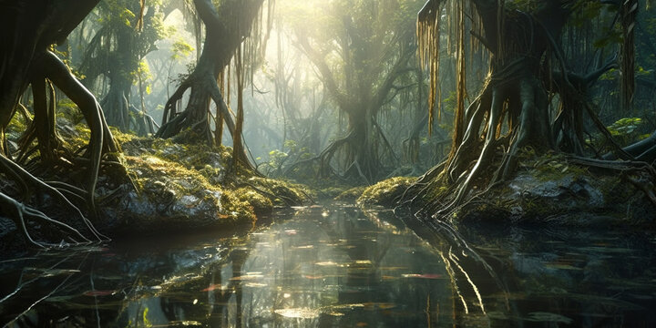 Mangrove forest in summer, panorama of river in wild jungle, generative AI.