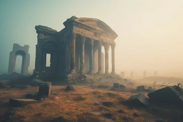 Photo sur Plexiglas Lieu de culte The ruins of an ancient temple lay shrouded in mist, its once-great power now lost to the sands of time. Generative AI