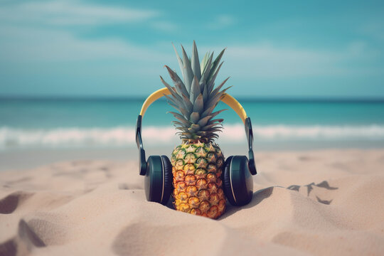 Tropical beach background. Summe vacation concept, Pineapple with headphones on the white sand and sea in the back. Generative ai. High quality photo Generative AI