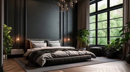 bedroom with sleek black decor, a wooden floor, a king-size bed, and a large window. Generative AI