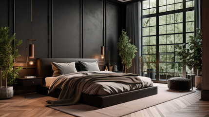 bedroom with sleek black decor, a wooden floor, a king-size bed, and a large window. Generative AI